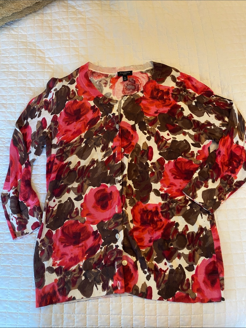 Talbots  Pink and Brown Floral Cardigan